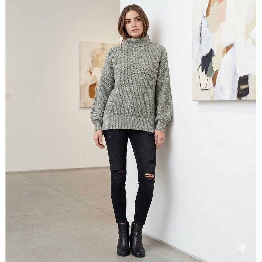 Aerie‎ Sweater Womens Small Sage Green Marled Cotton Chunky Knit Turtleneck NEW